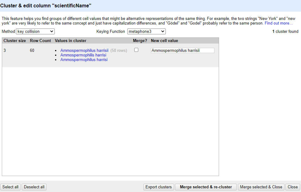 OpenRefine window for clustering