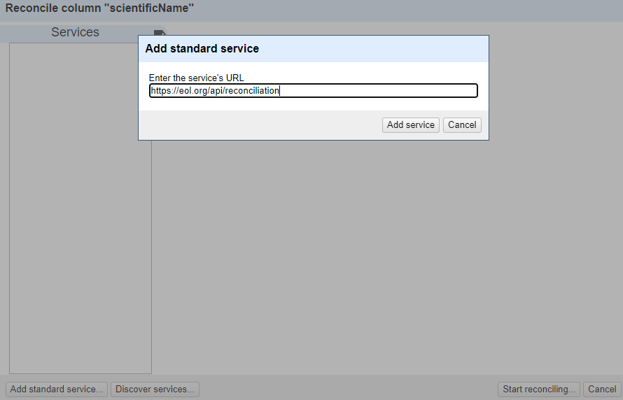 Prompt to add a service URL for reconciliation