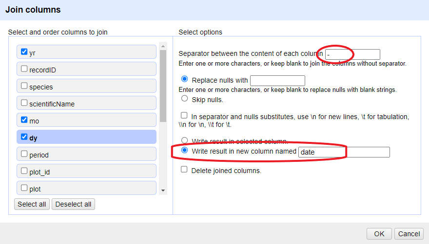 OpenRefine window for joining columns