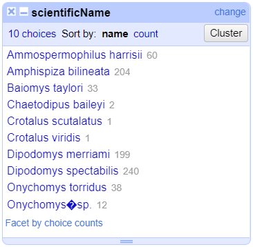 Facet of scientificName after clustering