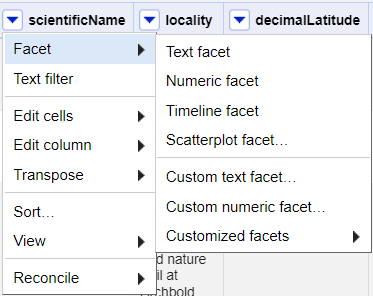 Facet menu of a column